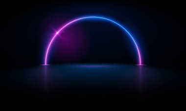 Vektör 3d render, mavi neon çerçeve, daire, halka şekli, boş alan, ultraviyole ışık, 80 'lerin modası, moda gösterisi sahnesi, soyut arkaplan, çerçeve tasarımı. Soyut kozmik enerji çemberi arka fon. Parlayan neon ışıkları fütüristik.