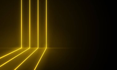 Duvar ve zemin boyunca neon lambalar, parlak neon ışıklı soyut arka plan, parlak neon ışık, çerçeve tasarımı. Soyut kozmik canlı renk arkaplanı. Odadaki perspektif etkisi, iç tasarım, parlayan neon çerçeve