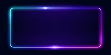 Vektör 3 boyutlu görüntüleme, koyu mavi neon ışıkta parlayan kare, çerçeve tasarımını aydınlatır. Soyut kozmik canlı renk arkaplanı. Parlak neon ışığı. Yuvarlak köşeli neon çerçeve