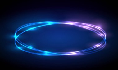 Parlak neon daire. Yerde parlayan mavi bir yüzük. Görüntü ürünü için soyut yüksek teknoloji arka planı. Vektör şablonu. Portal çerçeve, gelecekçi konsept. Neon girdabı. Mavi çizgi ışık efekti. Parıldayan arkaplanı olan soyut halka arkaplanı.