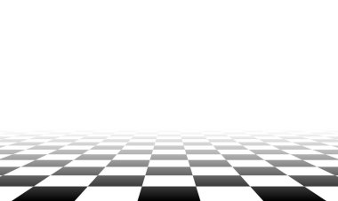 Chess perspective floor background. Black and white chessboard perspective floor texture. Checker board pattern surface. Fading away vanishing checkerboard background. Abstract vector illustration.