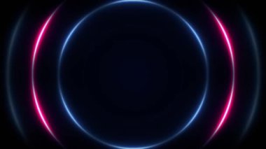 Soyut neon radar arkaplanı. Fütürist arayüz araştırılıyor. Parlak bağlantı sinyali konsepti. Kusursuz döngü. Renkli ışık demetleriyle soyut neon arkaplan. Gelecekçi stüdyo