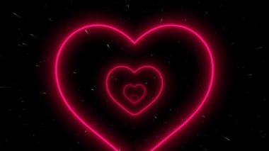 Soyut kalp tüneli arka planı. Yıldızlı uzayın derinliklerinde gelecekteki tünel-neon pembe kalp tüneli. Parlak renkli neon kalp dikişsiz döngü. Konsept: Sevgililer günü, yıldönümü, anneler günü, evlilik