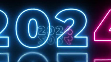Mavi ışıklı parmaklar 2023-2024 yaş arası ıslak zemin ve neon parıltılı tasarım. Soyut kozmik canlı renk arkaplanı. Parlayan neon ışıkları. Mutlu yıllar 2024. Gelecekçi biçim döngü tüneli