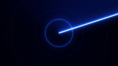Siyah arkaplanda tam ekran Neon parıltılı radar animasyonu. Hareket arkaplanı. Radar sonarı, Wi Fi sensör dalgası ya da sinyal ses tarayıcısı, mavi ışık efekti. Kablosuz teknoloji dijital radar