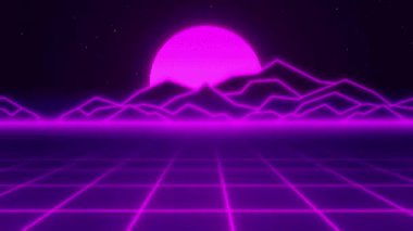 Evrensel Retro Futuristik 80 'lerin Geçmişi 4K. Sentetik dalga teli net çizimi. Soyut dijital arkaplan. 80 'ler, 90' lar Retro dalga siber şebekesi. Derin uzay yüzeyleri. Neon retro gün batımı