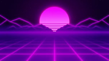 Evrensel Retro Futuristik 80 'lerin Geçmişi 4K. Sentetik dalga teli net çizimi. Soyut dijital arkaplan. 80 'ler, 90' lar Retro dalga siber şebekesi. Derin uzay yüzeyleri. Neon retro gün batımı