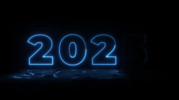 Niebieskie Oświetlają Cyfry 2023 2024 Lat Projektowania Mokrą Podłogą Neonowym — Wideo stockowe