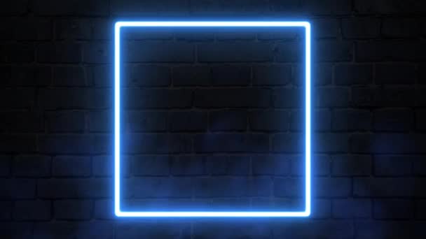 Čtvercový Neonový Rám Modrá Barva Pozadí Tmavé Cihlové Zdi Zářící — Stock video