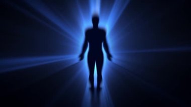 Soyut vücut silueti ile insan ya da kişilik ya da kişilik psikolojisi kavramı siyah arka planda parlak mavi ışınları çevrelemiştir. Bir adamın etrafında ışık patlamasının döngüsü.