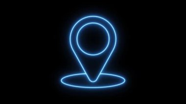 konum Simgesi Neon Işık Işıldayan Mavi Parlak Sembol. Siyah arkaplanda parlayan neon çizgi haritası pin simgesi. Navigasyon, işaretçi, konum, harita, GPS, yön, yer, pusula, arama kavramı.