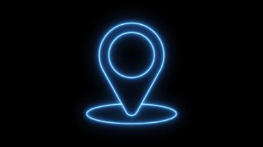 konum Simgesi Neon Işık Işıldayan Mavi Parlak Sembol. Siyah arkaplanda parlayan neon çizgi haritası pin simgesi. Navigasyon, işaretçi, konum, harita, GPS, yön, yer, pusula, arama kavramı.