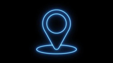 konum Simgesi Neon Işık Işıldayan Mavi Parlak Sembol. Siyah arkaplanda parlayan neon çizgi haritası pin simgesi. Navigasyon, işaretçi, konum, harita, GPS, yön, yer, pusula, arama kavramı.