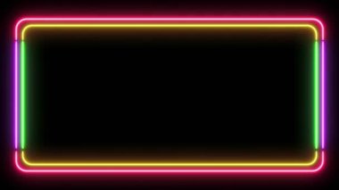 Soyut parlak neon çerçevenin 3 boyutlu yansıması. Dikdörtgen bir yolun parlak neon çizgisi. Web Arkaplan Lazer Gösterisi. Neon yuvarlak paralelkenarlı çerçeve, koyu arkaplanda göz kırpma efektleri var. Boş parıltı