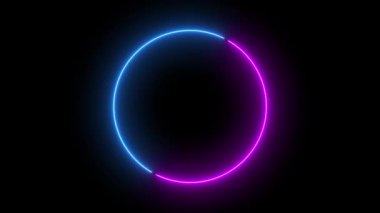 Animasyon neon parlayan daire çerçevesi. Renkli lazer 4K döngüsü videosu. Siyaha izole edilmiş geleceksel ışık efekti. Kulüp, şov, müzik videosu, parlaklık parçacıkları ile sunum için VJ arkaplanı