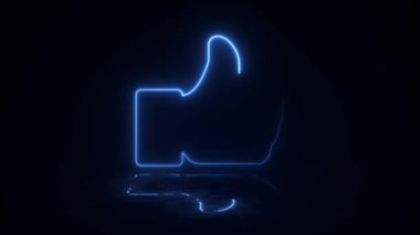 Canlandırılmış neon ışığı sembol gibi parlıyor. Renkli lazer göstergesi, dikdörtgen döngü 4K kare. Yansıtıcı zeminde fütüristik ışık etkisi. Kulüp, şov, müzik videosu, sunum için başparmak simgesi.