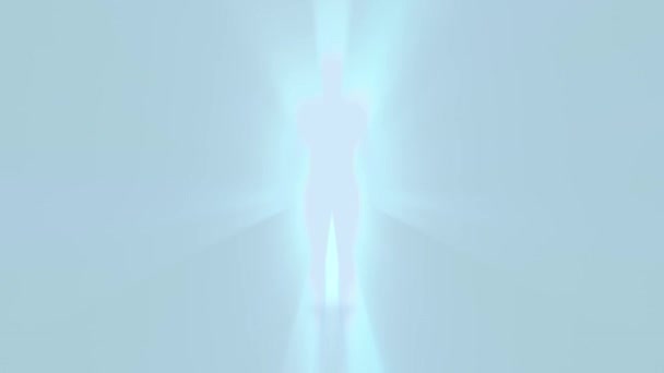 具有抽象人体轮廓的人或个性或人格心理概念围绕着黑色背景下明亮的蓝光 光爆极光环绕着一个人的动画 — 图库视频影像