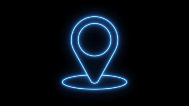 位置Icon霓虹灯发光蓝色明亮的符号 卡通发光霓虹灯线地图上的图标黑色背景 Gps 指南针 搜索概念 — 图库视频影像