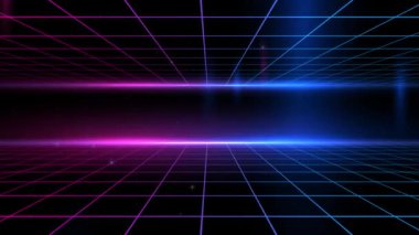 Evrensel Retro Futuristik 80 'lerin Geçmişi 4K. Sentetik kablo şebekesi. Soyut dijital arkaplan. 80 'ler, 90' lar Retro dalga siber şebekesi. Derin uzay yüzeyleri. Neon ışıltısı parçacıkları