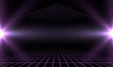 Kopya alanı ile Synthwave vaporwave retrowave retrowave siber arka plan, lazer ızgara, yıldızlı gökyüzü, duman ve parçacıklar ile mavi ve mor parlar. Poster, kapak, duvar kağıdı, web, afiş, vb için tasarım.