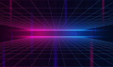 Evrensel Retro Futuristik 80 'lerin Geçmişi 4K. Synthwave kablo ağı video döngüsü. Soyut dijital arkaplan. 80 'ler, 90' lar Retro dalga siber şebekesi. Derin uzay yüzeyleri. Neon ışıkları parlıyor.