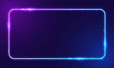 Vektör 3 boyutlu görüntüleme, koyu mavi neon ışıkta parlayan kare, çerçeve tasarımını aydınlatır. Soyut kozmik canlı renk arkaplanı. Parlak neon ışığı. Yuvarlak köşeli neon çerçeve.