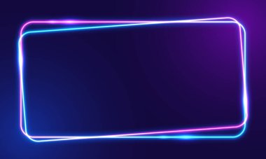 Vektör 3 boyutlu görüntüleme, koyu mavi neon ışıkta parlayan kare, çerçeve tasarımını aydınlatır. Soyut kozmik canlı renk arkaplanı. Parlak neon ışığı. Yuvarlak köşeli neon çerçeve.