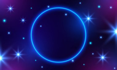 Vektör 3d render, mavi neon çerçeve, daire, halka şekli, boş alan, ultraviyole ışık, 80 'lerin modası, moda gösterisi sahnesi, soyut arkaplan, çerçeve tasarımı. Soyut kozmik enerji
