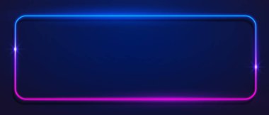 Vektör 3 boyutlu görüntüleme, koyu mavi neon ışıkta parlayan kare, çerçeve tasarımını aydınlatır. Soyut kozmik canlı renk arkaplanı. Parlak neon ışığı. Yuvarlak köşeli neon çerçeve.