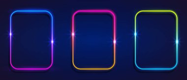 3d vektör render kareler koyu pembe neon ışıkta parlıyor, çerçeve tasarımını aydınlatıyor. Soyut kozmik canlı renk arkaplanı. Parlak neon ışığı. Yuvarlak köşeli neon çerçeve.