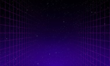 80 'lerin Retro-Bilim-Kurgu Fütüristik Ağ manzarası. 1980 'lerin dijital siber yüzey tarzı. Çift sonsuz ızgara ve ışıklar ileri. Sentetik dalga teli net çizimi. 80 'ler, 90' lar siber şebekesi