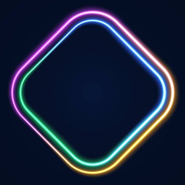 Vektör 3 boyutlu görüntüleme, koyu mavi neon ışıkta parlayan kare, çerçeve tasarımını aydınlatır. Soyut kozmik canlı renk arkaplanı. Parlak neon ışığı. Yuvarlak köşeli neon çerçeve.