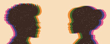 Psikoloji ve psikiyatri konsepti. Siluet, çok ırklı ve çok kültürlü insanların profilinde yer alıyor. Psikolojik terapi. Çeşitlilik insanlar. Takım topluluğu. Risografın Estetiği.