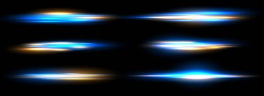 Neon izleri yüksek hız etkisi hareket bulanıklığı gece lambaları mavi ve turuncu. Fütürist neon ışık çizgisi izleri. Parlak bir arka plan. Mor parlak dalga girdabı, itici güç çizgileri. Uzun süre maruz kalma