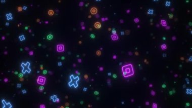 Pembe mavi neon büyük veri akışıyla dijital uzay bilim kurgu tünelinde uçan hareket yüksek teknik bilgi akışı, animasyon kareleri, daireler, karanlık dinamik metaevren veya oyun alanı tasarımı, siber punk