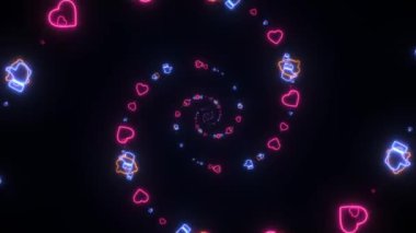 Neon kırmızısı mavi sosyal ağ arka plan döngüsü, çarpma sesi, kalp, imleç, çan aboneliği gibi. Sosyal medya tepkilerinin neon işaretleri. Konsept: Pazarlama, promosyon, reklam, businnes