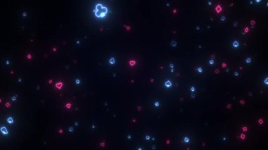 Neon Blue Kumarhanesi 'nin arka planında üç boyutlu iskambil sembolü 4K ile döngü var. Kart giysisinin neon işaretleri. Online kumarhane ve bahis hariç. Dört oyun kartının kumar animasyonu