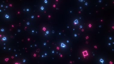 Neon Blue Kumarhanesi 'nin arka planında üç boyutlu iskambil sembolü 4K ile döngü var. Kart giysisinin neon işaretleri. Online kumarhane ve bahis hariç. Dört oyun kartının kumar animasyonu