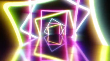 Parlak neon lamba sahnesinin animasyonu, boş alan, ultraviyole ışık, 80 'lerin retro tarzı, moda gösterisi sahnesi, soyut arka plan, neon podyum sahne tasarımı. Ters zeminli soyut arkaplan ışığı