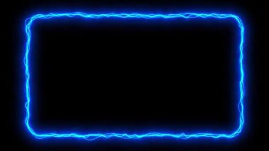 Mavi neon kare çerçeve animasyonu, boş alan, ultraviyole ışık, 80 'lerin retro tarzı, moda gösterisi sahnesi, soyut arkaplan, yanlarına yıldırım düşen elektrik karesi.