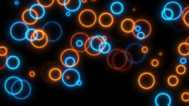 Parlak neon daireler soyut fütüristik yüksek teknoloji arka planı. Video döngüsü animasyonu. 3D görüntüleme, Neon yağmuru. Parlak yağmur damlaları, halka şekilleri, boş alan, ultraviyole ışık, 80 'lerin retro tarzı.