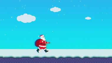 Noel Baba 'nın yürüdüğü ve kar yağdığı pikselli bir Noel sahnesi. 80 'li ve 90' lı yılların Retro oyun stili. Karlı bir yerde yürüyen pikselli bir Noel Baba. Yeni Yıl