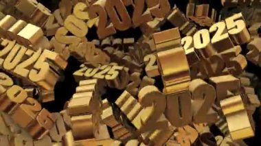 Mutlu yıllar 2025 yeşil ekran krom anahtar. Yeni yıl kutlaması konseptin kutlu olsun. 2025. Altın üç boyutlu sayılar. 2025 sayıları şeklinde altın külçeler. Hızlı hareket ediyor ve dönüyor. Zenginlik 2025