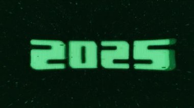 Geçmişe dönük pixelate Monitor sentetik dalga tarzında 2025 logoti. Retro CCTV veya VHS piksel kablo. Soyut dijital arkaplan. 80 'ler, 90' lar Retro-gelecekçilik, Retro dalga siberpunk ızgara matris biçimi.