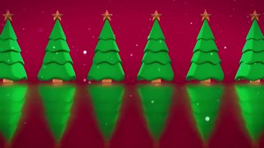 Kar arka planında 3D sevimli Noel ağacının 4k animasyonu. Kırmızı arka planda yeni yıl ağaçları, yıldızlı ve düşen karlı Noel ağaçları, yeni yıl konsepti 2025