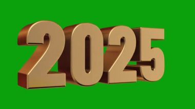 Mutlu yıllar 2025 yeşil ekran krom anahtar. Yeni yıl kutlaması konseptin kutlu olsun. 2025. Altın üç boyutlu sayılar. 2025 sayıları şeklinde altın külçeler. Hızlı hareket ediyor ve dönüyor. Zenginlik 2025