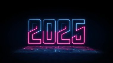 Mavi neon ışıklı parmaklar 2025 yıllık tasarım ıslak zemin ve neon parlaklığıyla. Soyut kozmik canlı renk arkaplanı. Parlayan neon ışıkları. Mutlu yıllar 2025. Gelecekçi biçim döngü görüntüleri