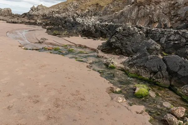 Шотландська Річка Простягається Через Пляж Атлантичного Океану Поруч Скелястими Відходами — стокове фото