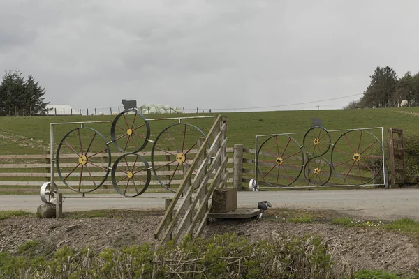 Metal farm gate made of cart wheels which are painted green, red and yellow