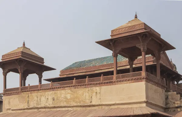 Ornate Roof Tops Old Indian Fort Made Red Stone — Stock Photo, Image